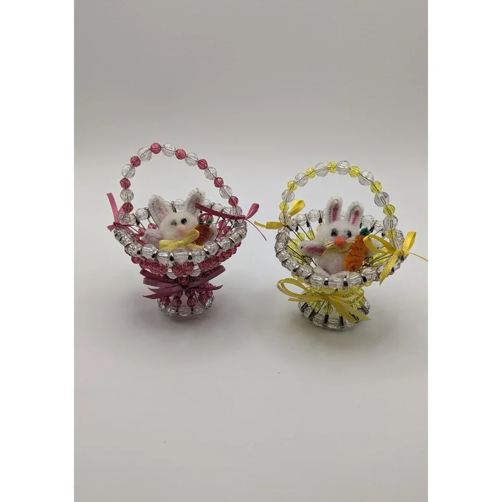 Vintage Handmade Safety Pin Beaded Easter Basket Bunny Set‎ Pink Yellow 2pc